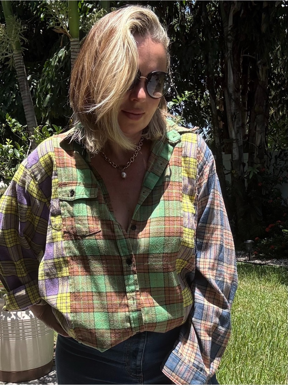 Women’s Oversized Patchwork Plaid Shirt XL | Raw Edge Seam Detail | Boho - Picture 3 of 7